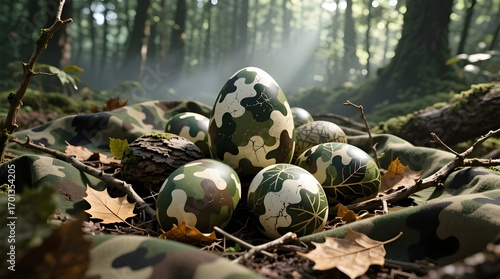 Camouflaged Easter Eggs in a Forest Setting