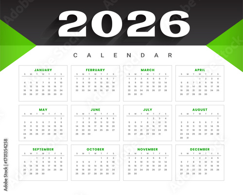 2026 new year calendar template week starts on sunday