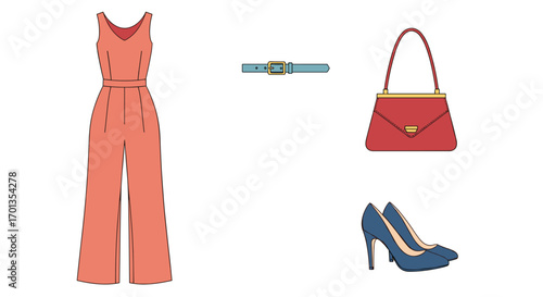 Stylish ensemble featuring a coral jumpsuit belt red handbag and blue high heels perfect for fashion projects and elegant design concepts, Generative AI.