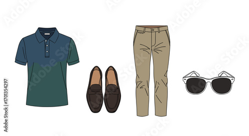 Modern man's wardrobe essentials: stylish polo shirt chinos loafers and sunglasses for a polished look and effortless style, Generative AI.