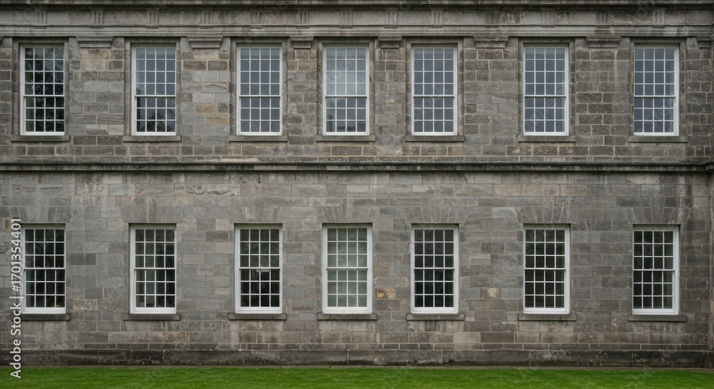 custom made wallpaper toronto digitalGrey stone building facade with twelve evenly spaced sash windows and grass