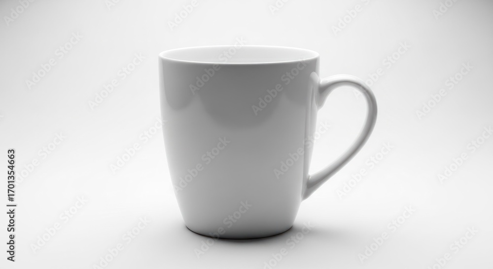Fototapeta premium White ceramic mug with handle, smooth finish, sits on a bright white surface