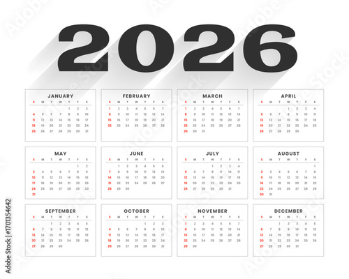 minimal style new year 2026 calendar template