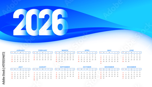 white blue 2026 year calendar template in business style