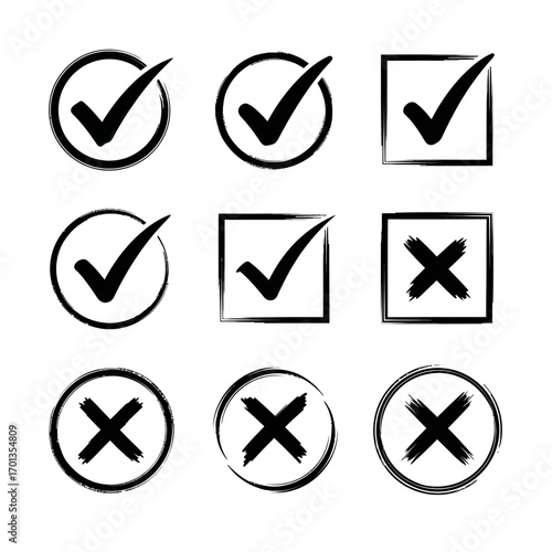 Nine checkmarks and crosses in circles and squares.