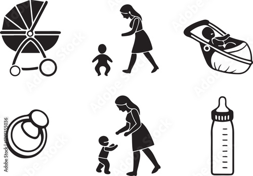 Childcare baby caring kids take care icons set vector silhouette and flat line art