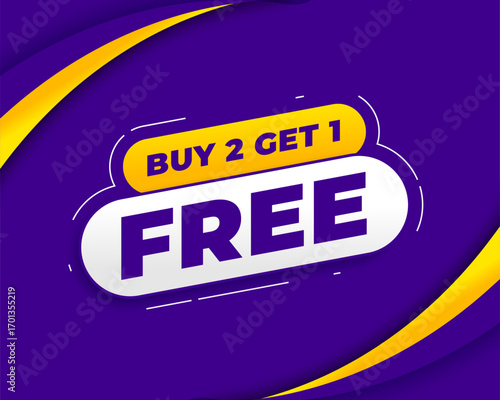 buy 2 get 1 free sale offer purple background for business promo