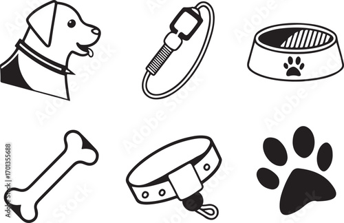 Dog caring tools vector icons set. Household Everyday Life icon in flat outline and editable stroke line art
