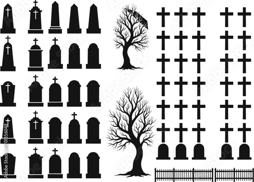Cemetery tombstone vector set with various grave shapes, crosses, dead trees, and fences, perfect for Halloween, death, mourning, or memorial themes