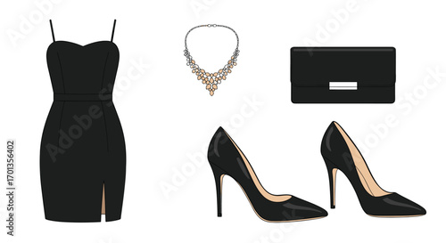 Elegant black dress with high heels necklace and clutch perfect for fashion style and events ready for your next occasion, Generative AI.
