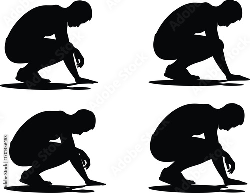 Man squatting and touching ground, silhouette vector illustration set, crouching pose, inspection concept, human checking surface, body position, shadow art