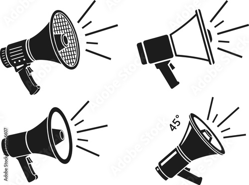 Megaphone icons set, loudspeaker vector illustration for announcements, alerts, communication, protest, public speaking, flat black silhouette style on white background