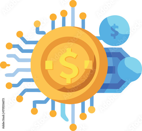 Golden coin with dollar symbol at the center of a digital circuit board with blue electronic components and connections representing financial technology and digital currency