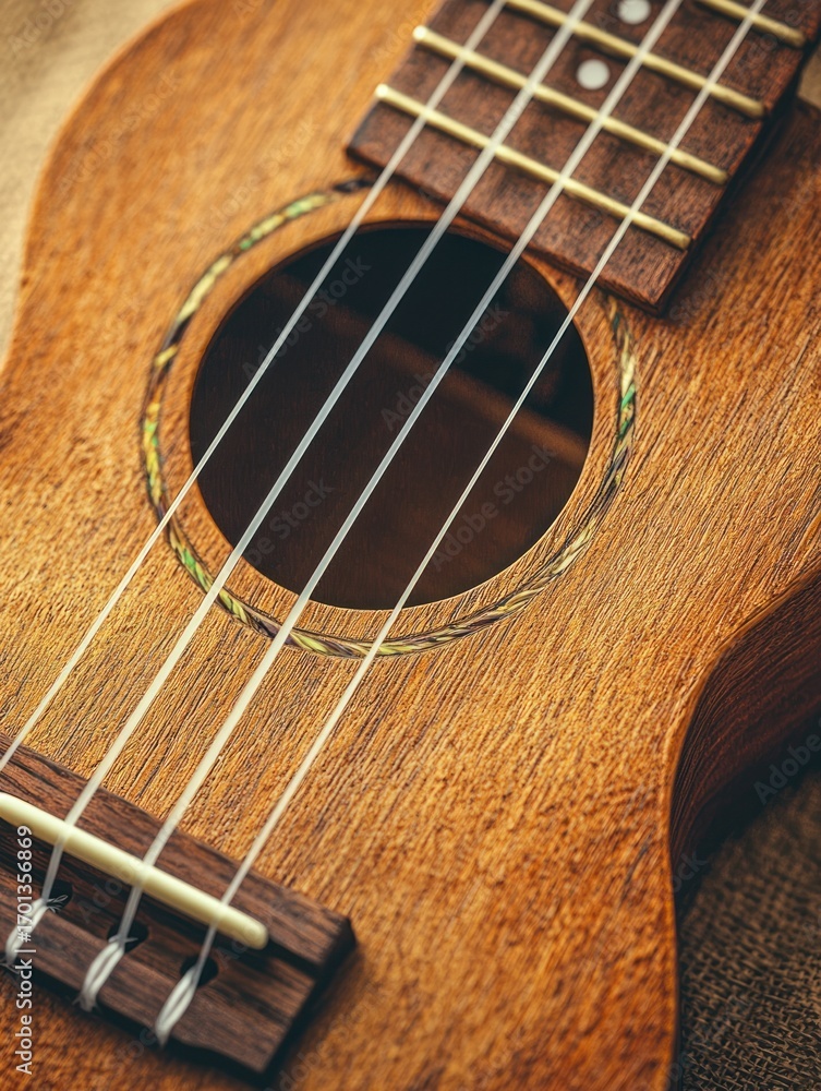 Obraz premium Wooden ukulele body detail, strings, fretboard, sound hole