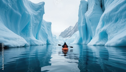 Wallpaper Mural Kayaker paddles through a narrow channel between towering blue ice walls Torontodigital.ca