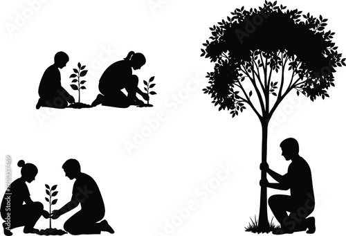 Silhouettes of people planting and caring for trees, nature conservation vector concept, family gardening scene, eco-friendly environment illustration, isolated on white