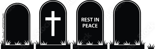 Tombstone gravestone vector illustration set, RIP and cross engraved grave markers, cemetery death icon, memorial stone, funeral mourning concept art