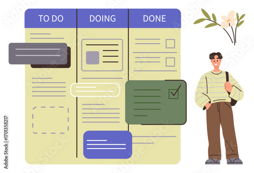 Kanban board segmented into to-do, doing, done columns with task cards and a checklist. Individual holds bag near organized board. Ideal for workflow, planning, team collaboration, productivity, task