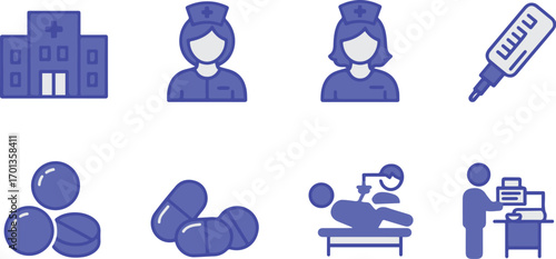 Healthcare professionals and medical equipment symbolize the hospital environment, showcasing patient care and treatment in a clean, modern style.