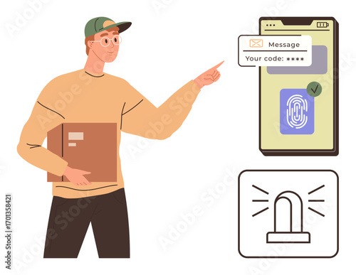 Man holding a package points to a smartphone screen with fingerprint authentication and code message. Ideal for security, technology, delivery, communication, safety, logistics, simple flat metaphor
