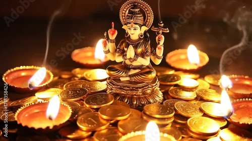 Sacred Goddess Lakshmi Idol Illuminated by Flickering Diyas Amidst a Pile of Shimmering Gold Coins