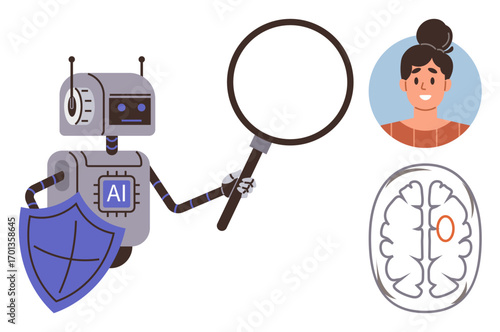 Robot with AI label inspecting data using magnifying glass, shield symbolizing cybersecurity, brain scan highlighting focus, and human avatar. Ideal for AI, technology, data analysis, healthcare