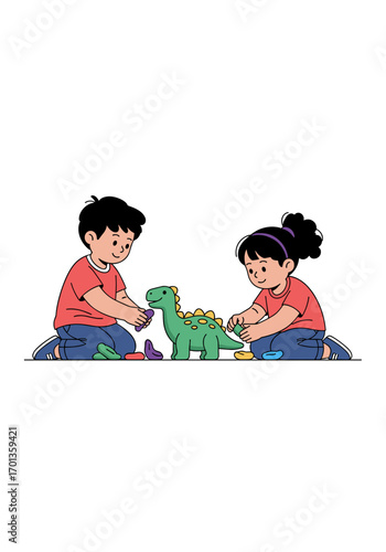 Young children enthusiastically playing together with a colorful dinosaur toy on the floor developing creativity and imagination skills