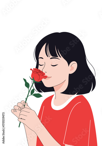 A young woman enjoying the fragrance of a beautiful red rose in a peaceful moment