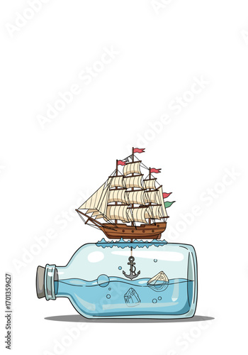 An old sailing ship adventure captured inside a glass bottle with ocean waves and an anchor a dreamlike maritime art