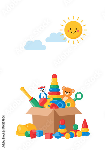 A colorful collection of children's playthings under a bright sunny sky full of fluffy clouds inspiring childhood fun and development