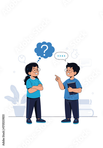 Children discussing questions and ideas during an educational activity with thought bubbles