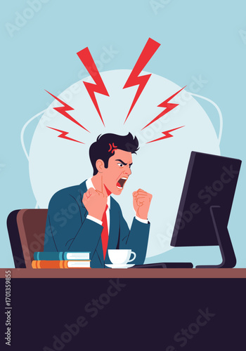 Frustrated office worker experiencing technical difficulties while working on computer system failure stress