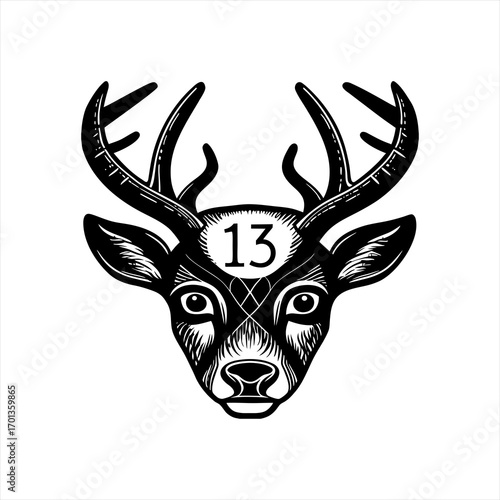 Stylized Black and White Deer Head with Number 13.