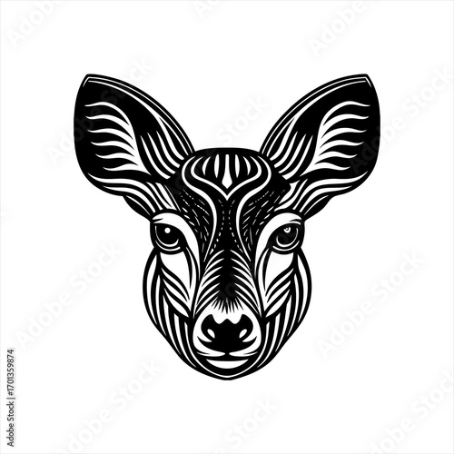Stylized Black and White Deer Head Illustration.