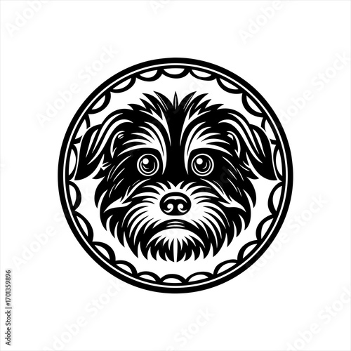 Stylized Black and White Dog Face Emblem.