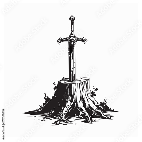 Legendary Sword Excalibur Embedded in Tree Stump Vector Art on white background