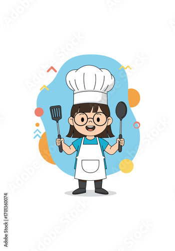 Young chef in training mastering culinary skills with kitchen utensils and a big smile on her face