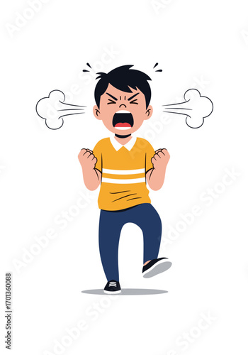 Young boy expressing extreme frustration with angry face and steam puffs emanating from ears