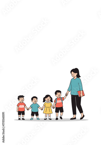 A kind teacher guides young students holding hands together in a fun and educational classroom setting
