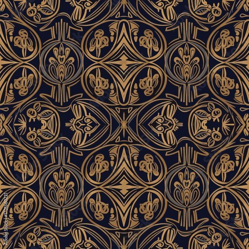 Ornate golden Art Nouveau style seamless pattern on a dark blue background for design projects, patern seamless, Stock royalty image.