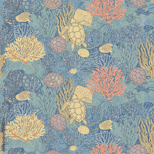 Seamless underwater pattern featuring sea turtles and colorful coral reefs design, patern seamless, Stock royalty free.