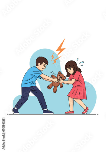 Two children are arguing and pulling a stuffed bear in opposite directions on a white background with a light blue abstract shape