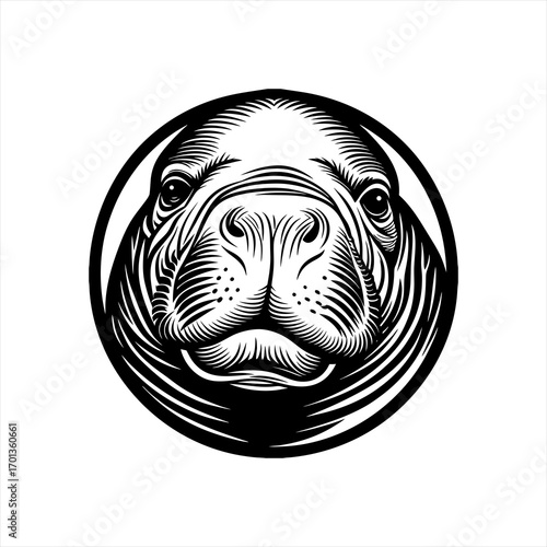 Stylized Black and White Walrus Face Illustration.