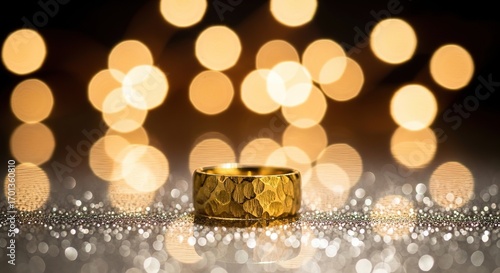 Textured Gold Ring Shimmers Against Bokeh Lights and Glittering