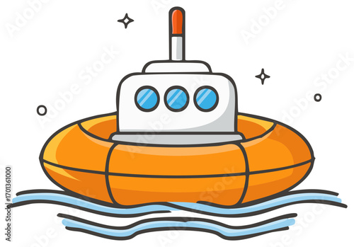 Cute futuristic cartoon submarine boat in an orange liferaft on sparkling water