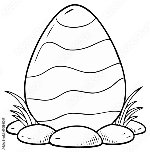 Simple cartoon drawing of an Easter egg standing in grass on the stones waiting to be colored in by children.