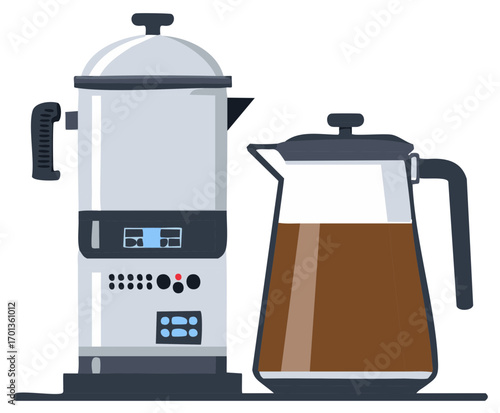 Electric Coffee Maker and Full Carafe in Simple Cartoon Style, Coffee Brewing Equipment