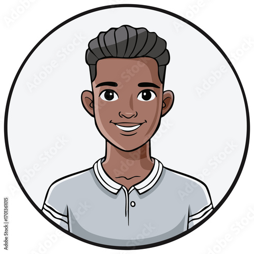 Illustrated Cartoon Portrait of Young Man in Polo Shirt within Circle Design Element