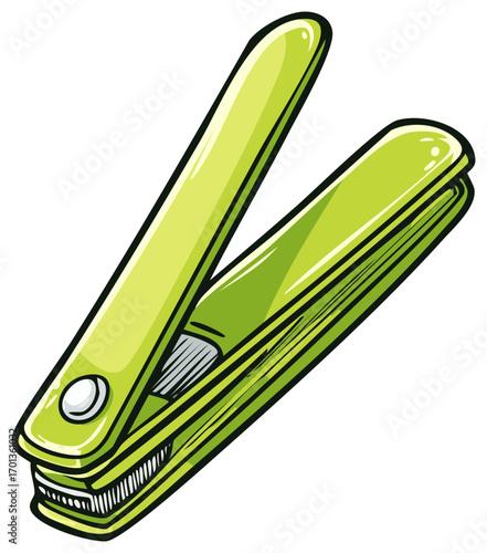 Open light green nail clippers in cartoon style illustration with a metal blade and grip design