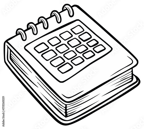 Notebook with spiral binding vector illustration. Outline drawing of a notepad with a grid on the cover